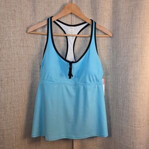 Sports Illustrated Scoop Neck Tankini Women's L Turquoise Swim Top Front Zip